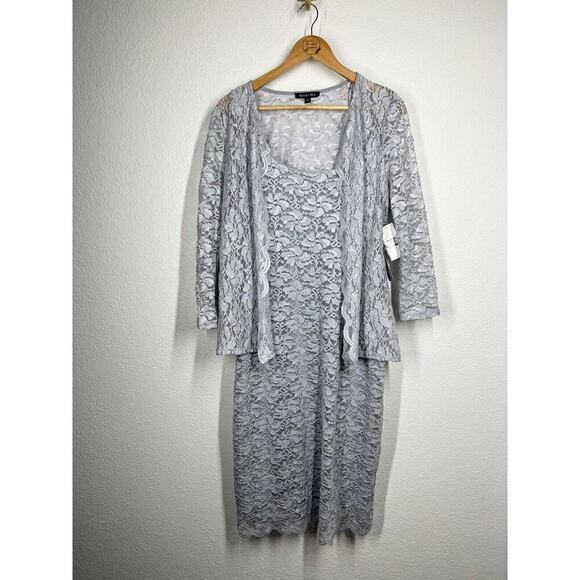 Marina Scalloped Glitter Lace Dress With Jacket Size 12 Silver Formal Wedding - Picture 2 of 9